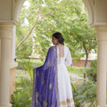 Charming White Rayon Gown with Purple Dupatta and Gota Patti Lace Work for Navratri