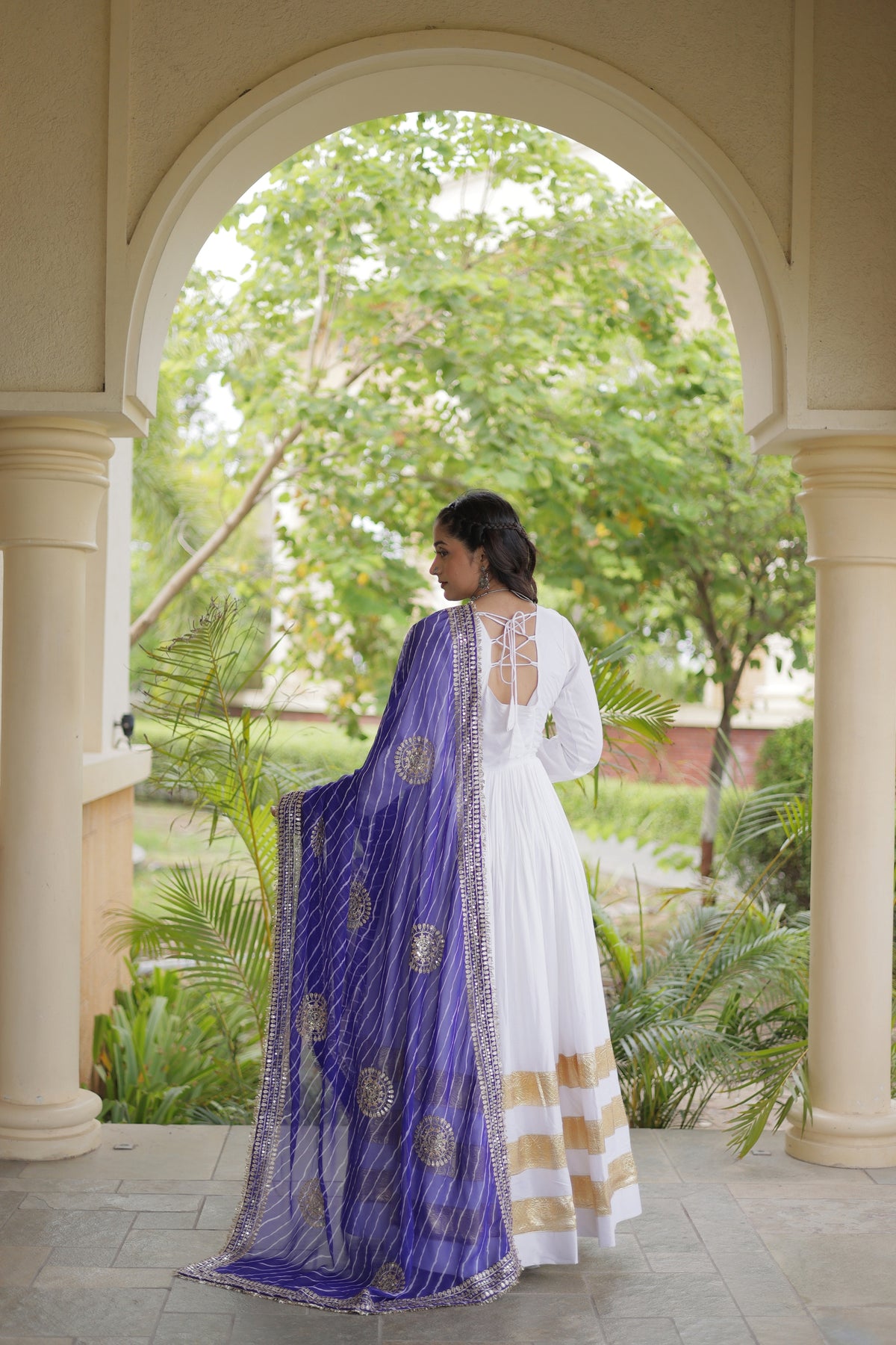 Charming White Rayon Gown with Purple Dupatta and Gota Patti Lace Work for Navratri