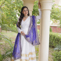 Charming White Rayon Gown with Purple Dupatta and Gota Patti Lace Work for Navratri