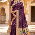 Royal Wine Organza Silk Elegant Woven Gold Zari Butta Saree for Women