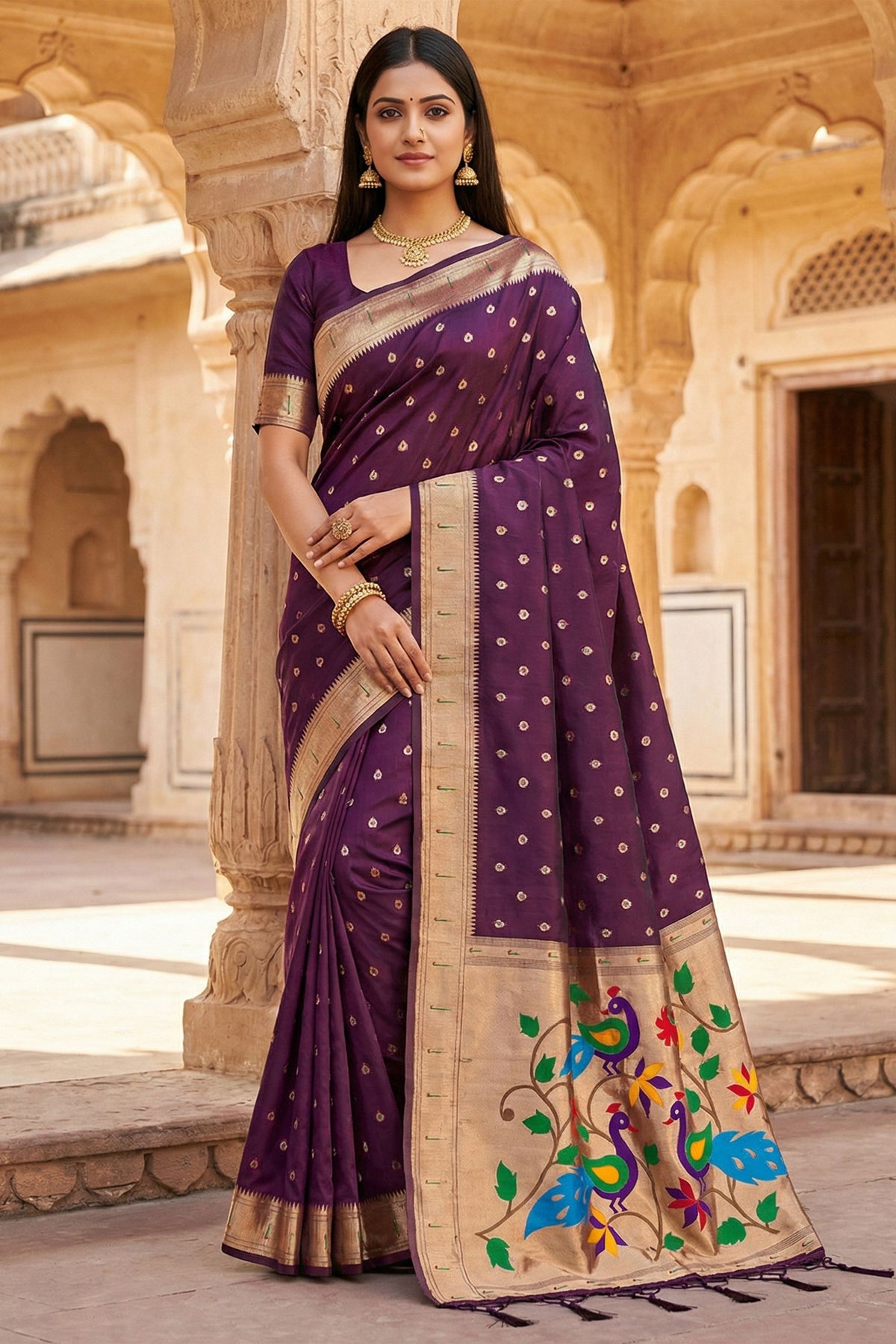 Royal Wine Organza Silk Elegant Woven Gold Zari Butta Saree for Women