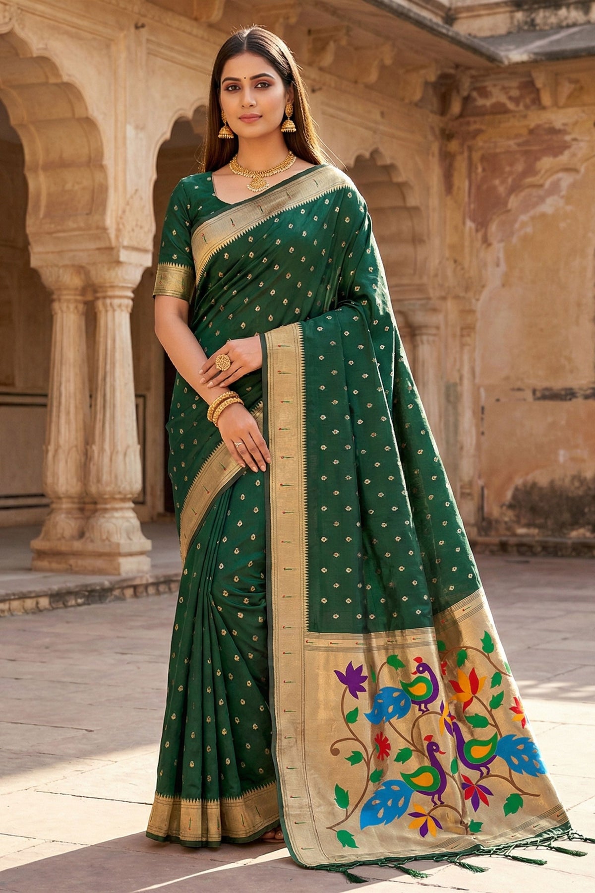 Graceful Green Organza Silk Elegant Woven Gold Zari Butta Saree for Women