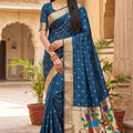 Royal Navy Blue Organza Silk Elegant Woven Gold Zari Butta Saree for Women