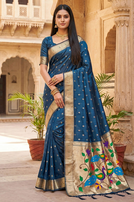 Royal Navy Blue Organza Silk Elegant Woven Gold Zari Butta Saree for Women