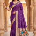 Beautiful Purple Organza Silk Elegant Woven Gold Zari Butta Saree for Women