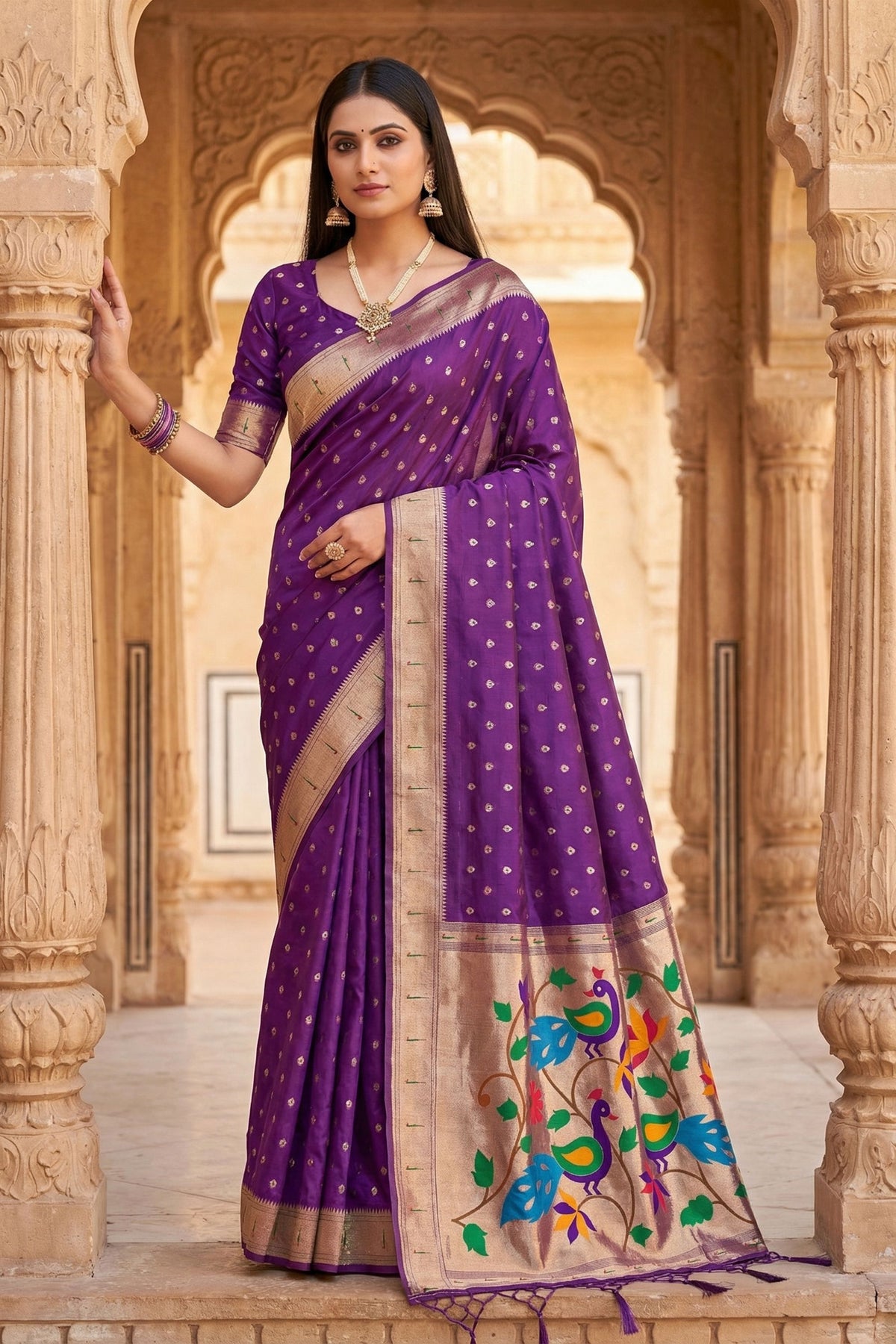 Beautiful Purple Organza Silk Elegant Woven Gold Zari Butta Saree for Women