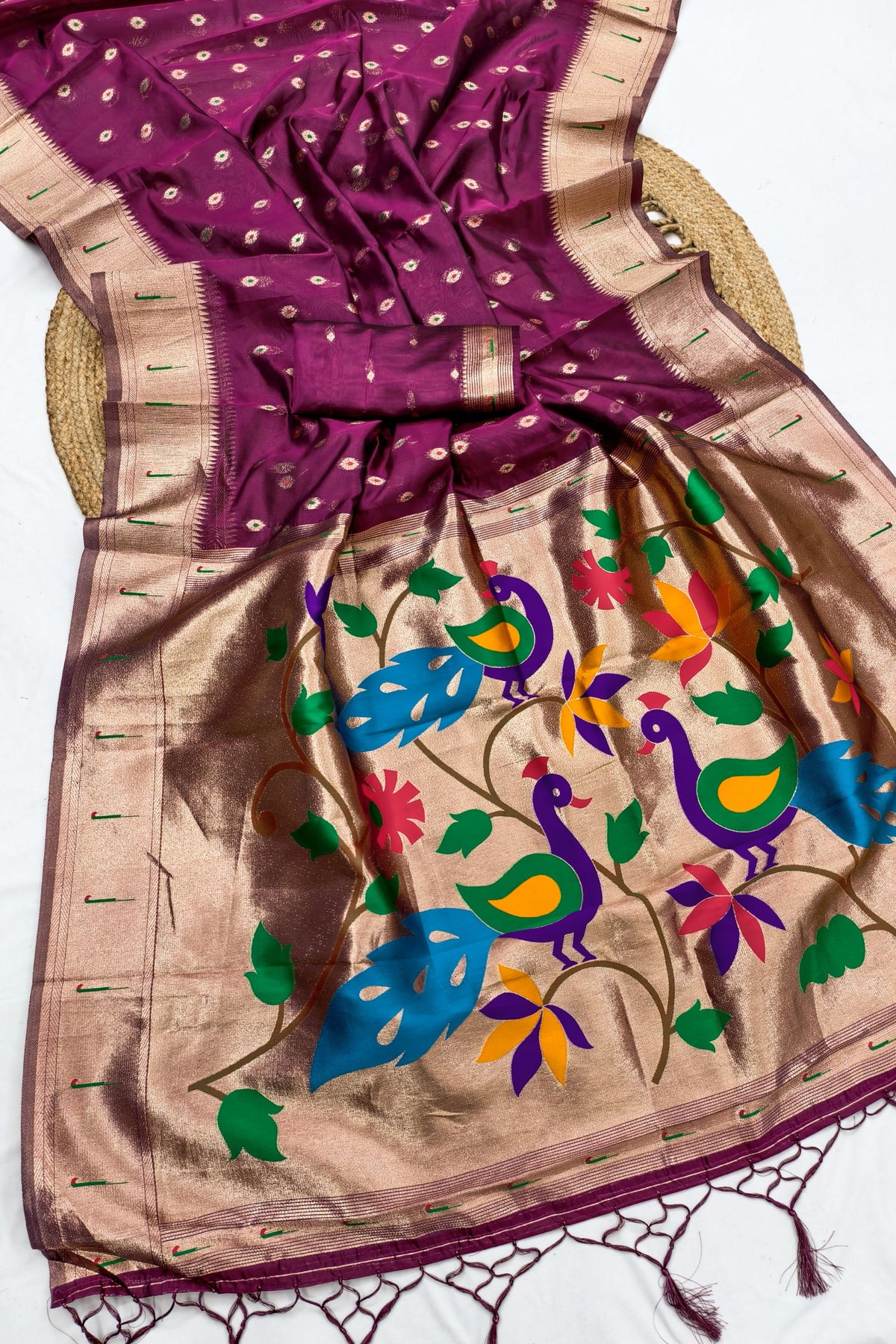 Lovely Wine Organza Silk Elegant Woven Gold Zari Butta Saree for Women