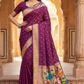 Lovely Wine Organza Silk Elegant Woven Gold Zari Butta Saree for Women