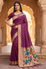 Lovely Wine Organza Silk Elegant Woven Gold Zari Butta Saree for Women