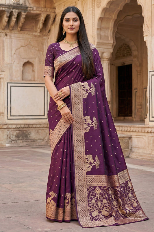 Royal Purple Pure Banarasi Silk Weaving Zari Motifs Designer Saree for Women