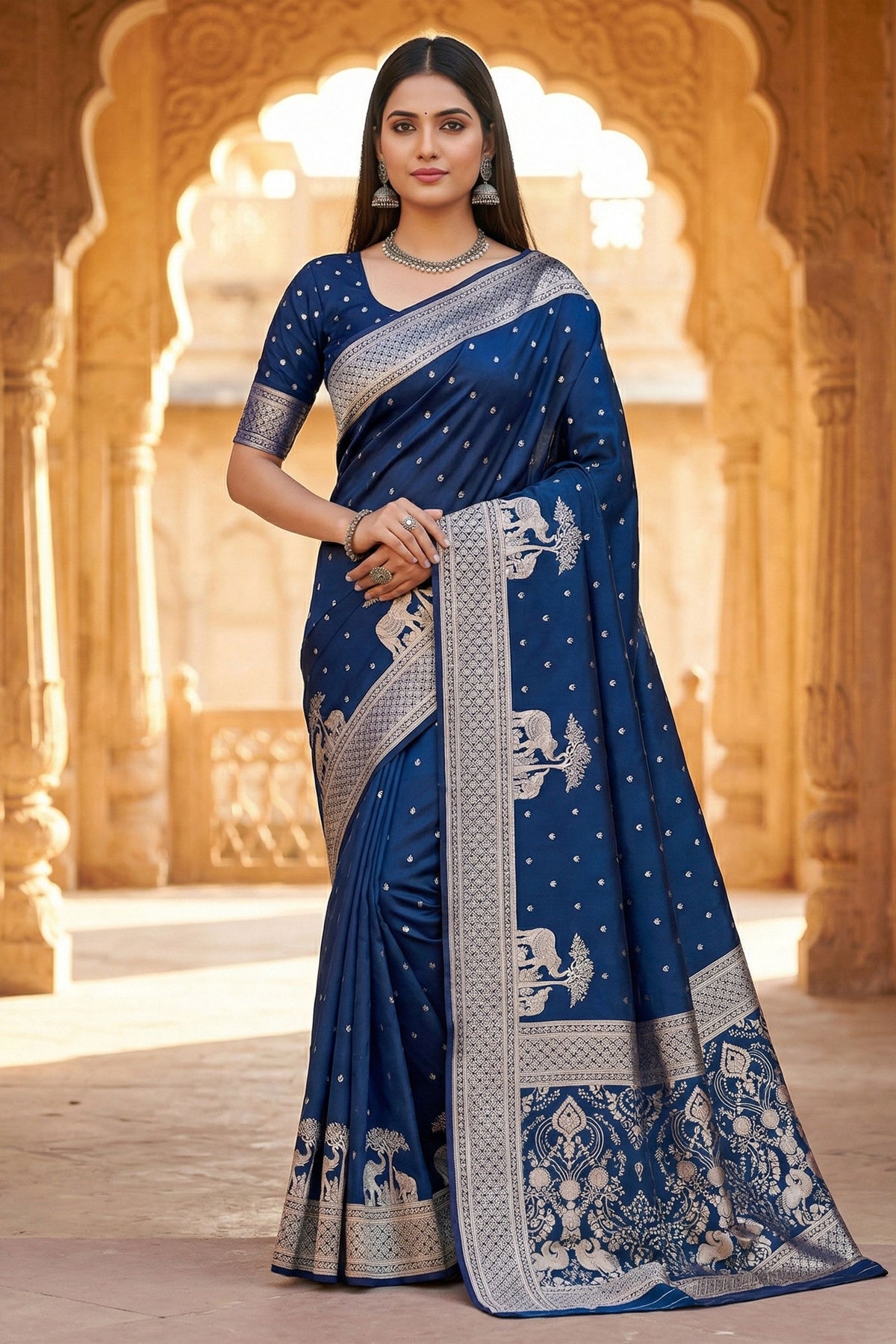 Stylish Blue Pure Banarasi Silk Weaving Zari Motifs Designer Saree for Women