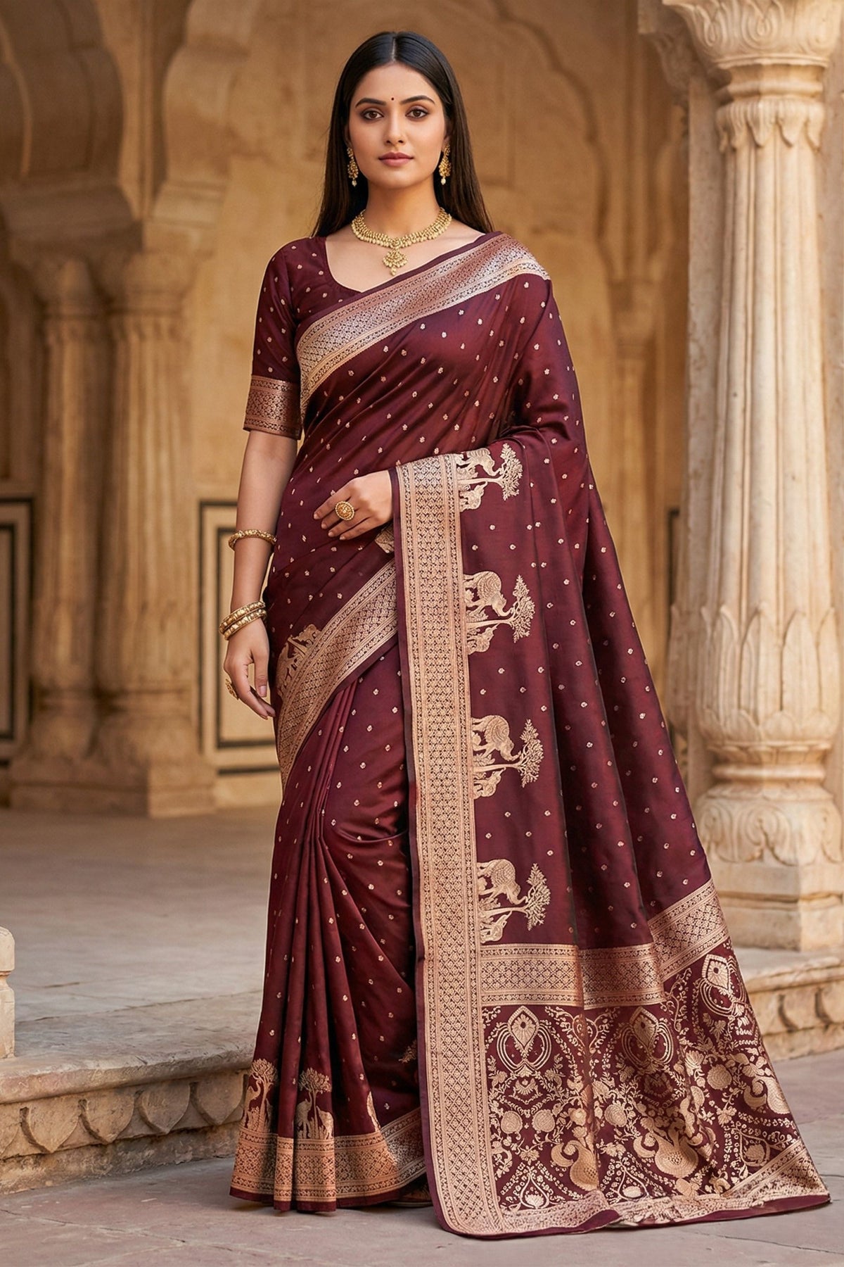 Premium Brown Pure Banarasi Silk Weaving Zari Motifs Designer Saree for Women