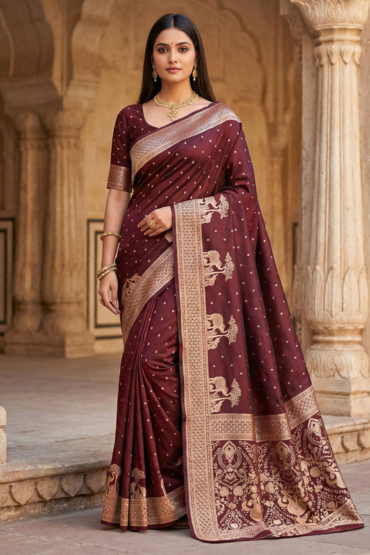Premium Brown Pure Banarasi Silk Weaving Zari Motifs Designer Saree for Women
