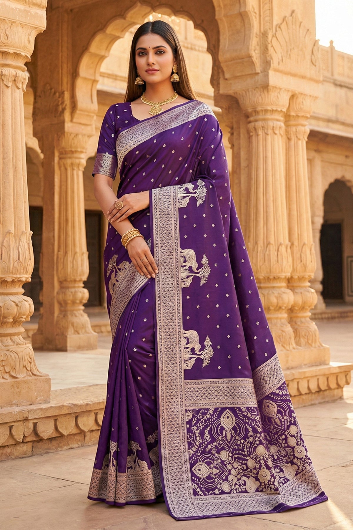 Elegant Purple Pure Banarasi Silk Weaving Zari Motifs Designer Saree for Women