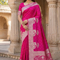 Vibrant Rani Pink Pure Banarasi Silk Weaving Zari Motifs Designer Saree for Women