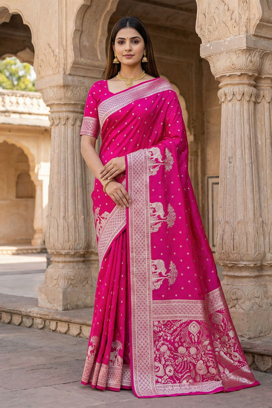 Vibrant Rani Pink Pure Banarasi Silk Weaving Zari Motifs Designer Saree for Women