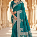 Amazing Teal Blue Pure Banarasi Silk Weaving Zari Motifs Designer Saree for Women