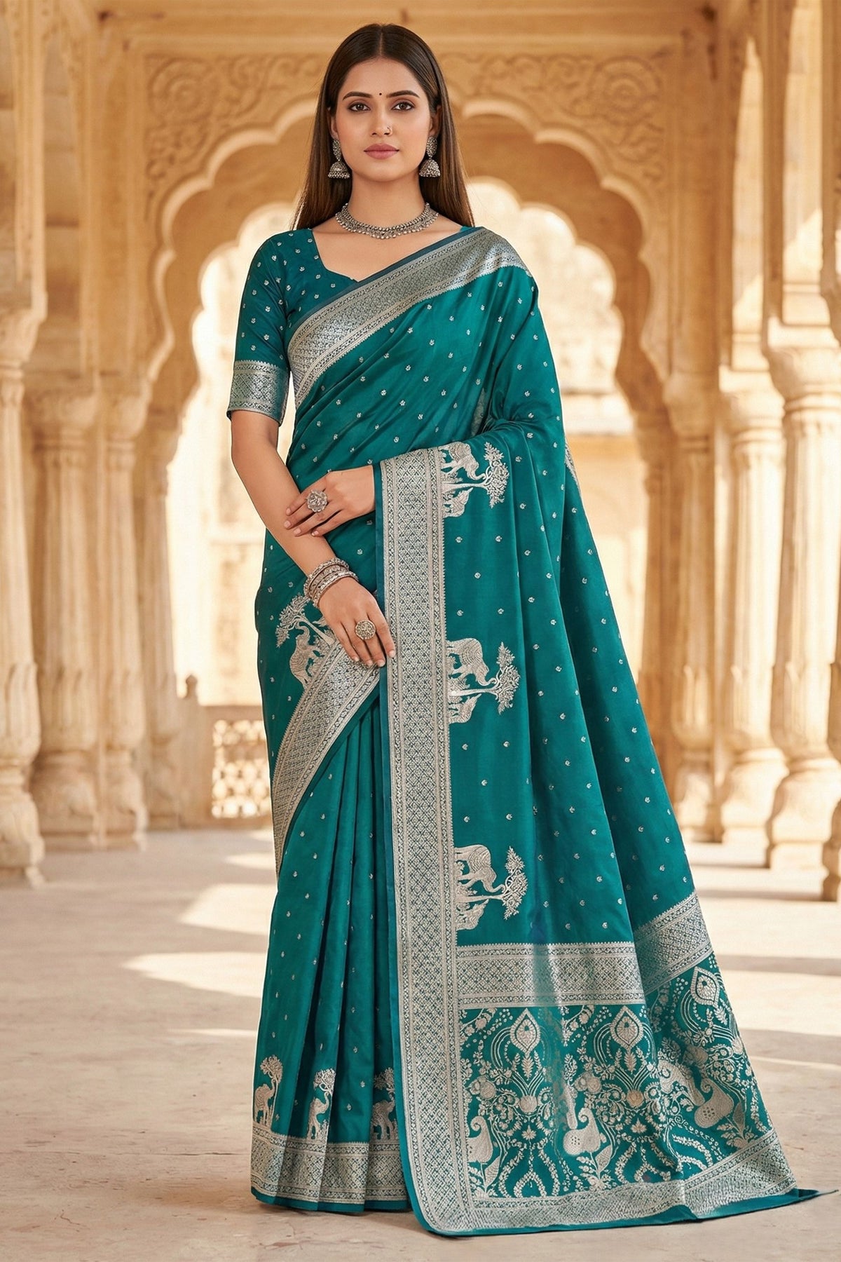 Amazing Teal Blue Pure Banarasi Silk Weaving Zari Motifs Designer Saree for Women