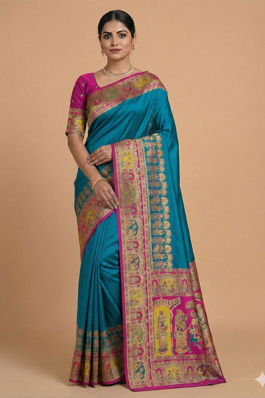 Stylish Teal Blue Pashmina Paithani Silk Woven Zari Saree for Women
