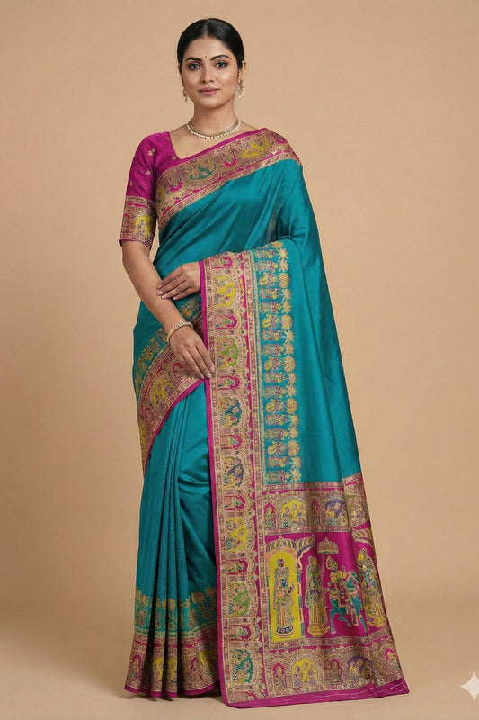 Adorable Teal Blue Pashmina Paithani Silk Woven Zari Saree for Women