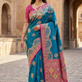 Elegant Teal Blue Pashmina Paithani Silk Motifs Zari Work Saree for Women