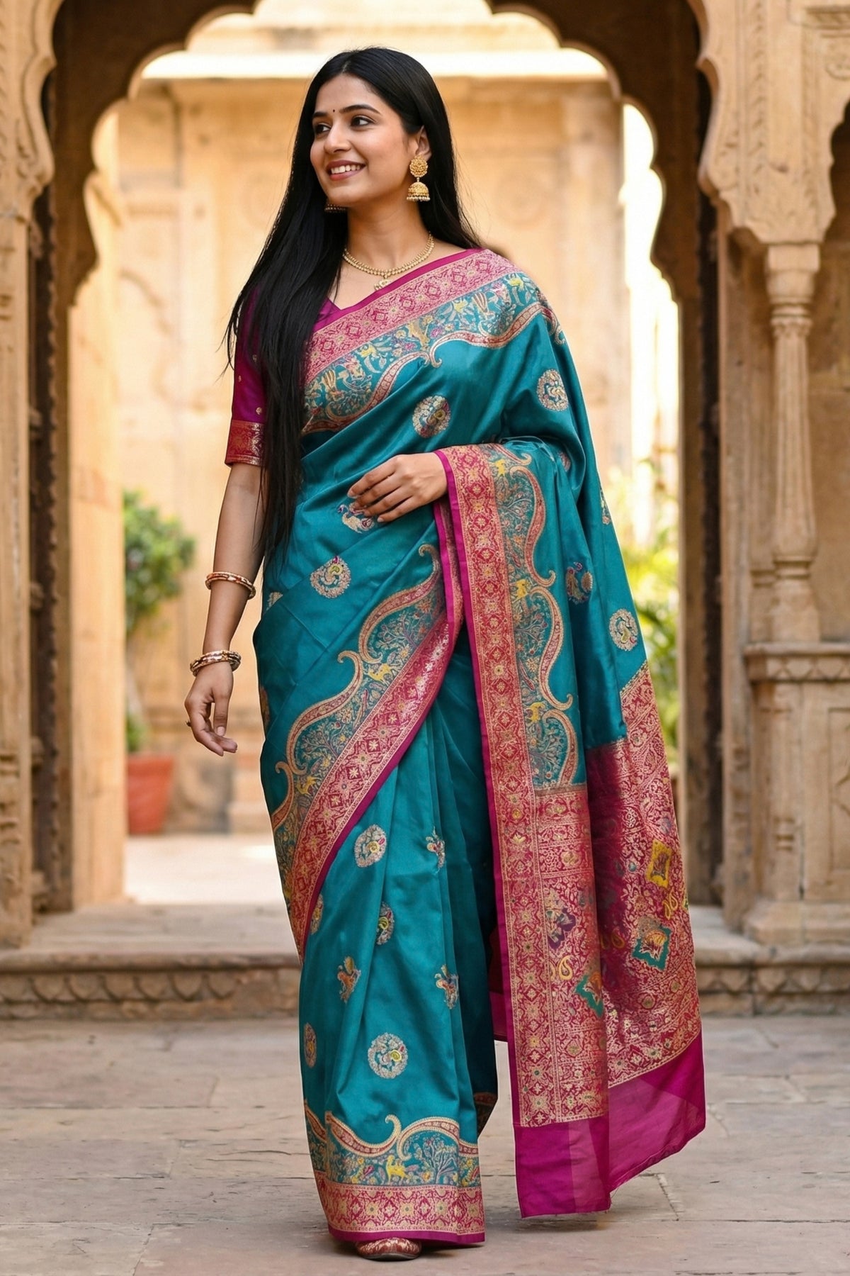 Royal Blue Pashmina Paithani Silk Motifs Zari Work Saree for Women