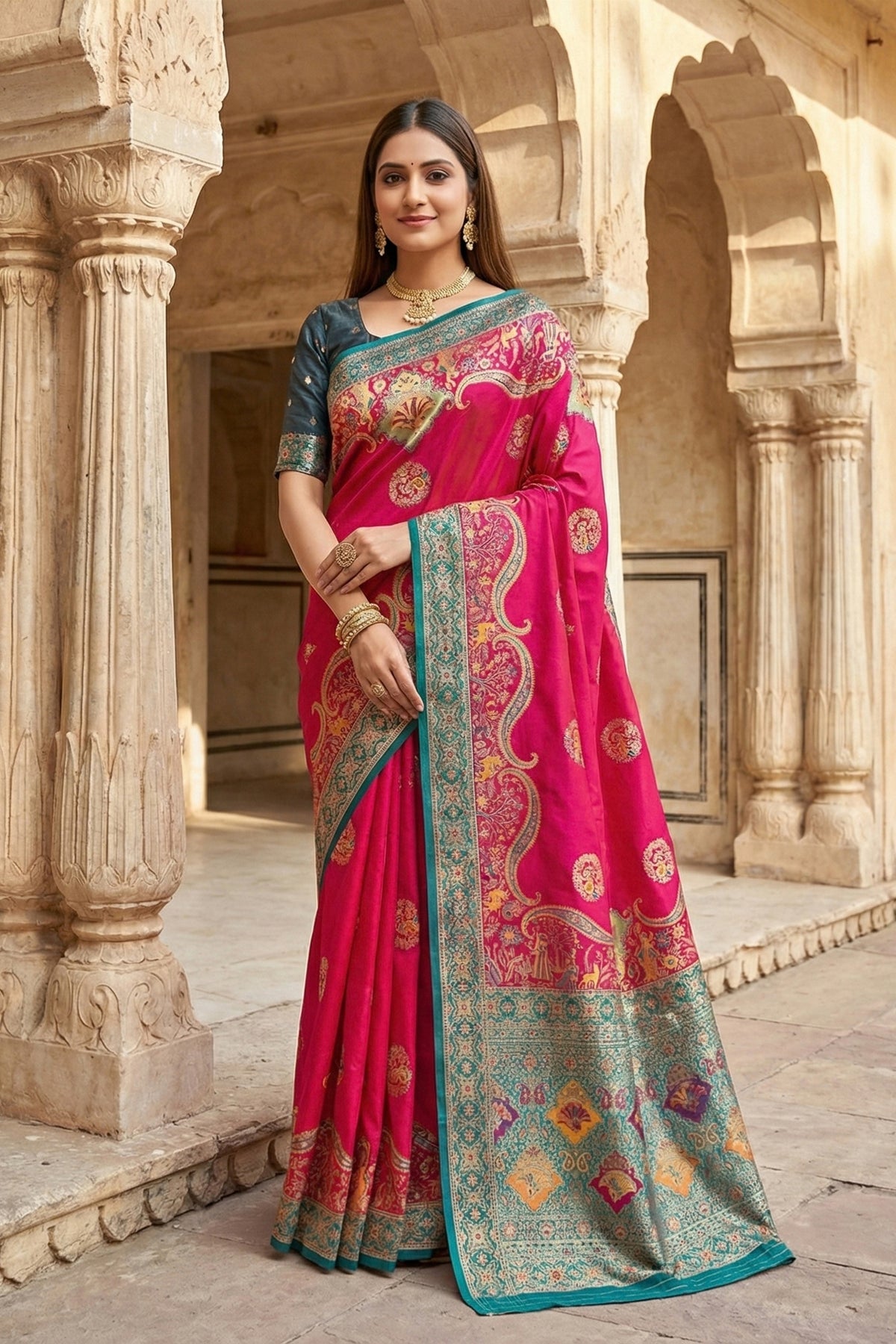 Beautiful Rani Pink Pashmina Paithani Silk Motifs Zari Work Saree for Women