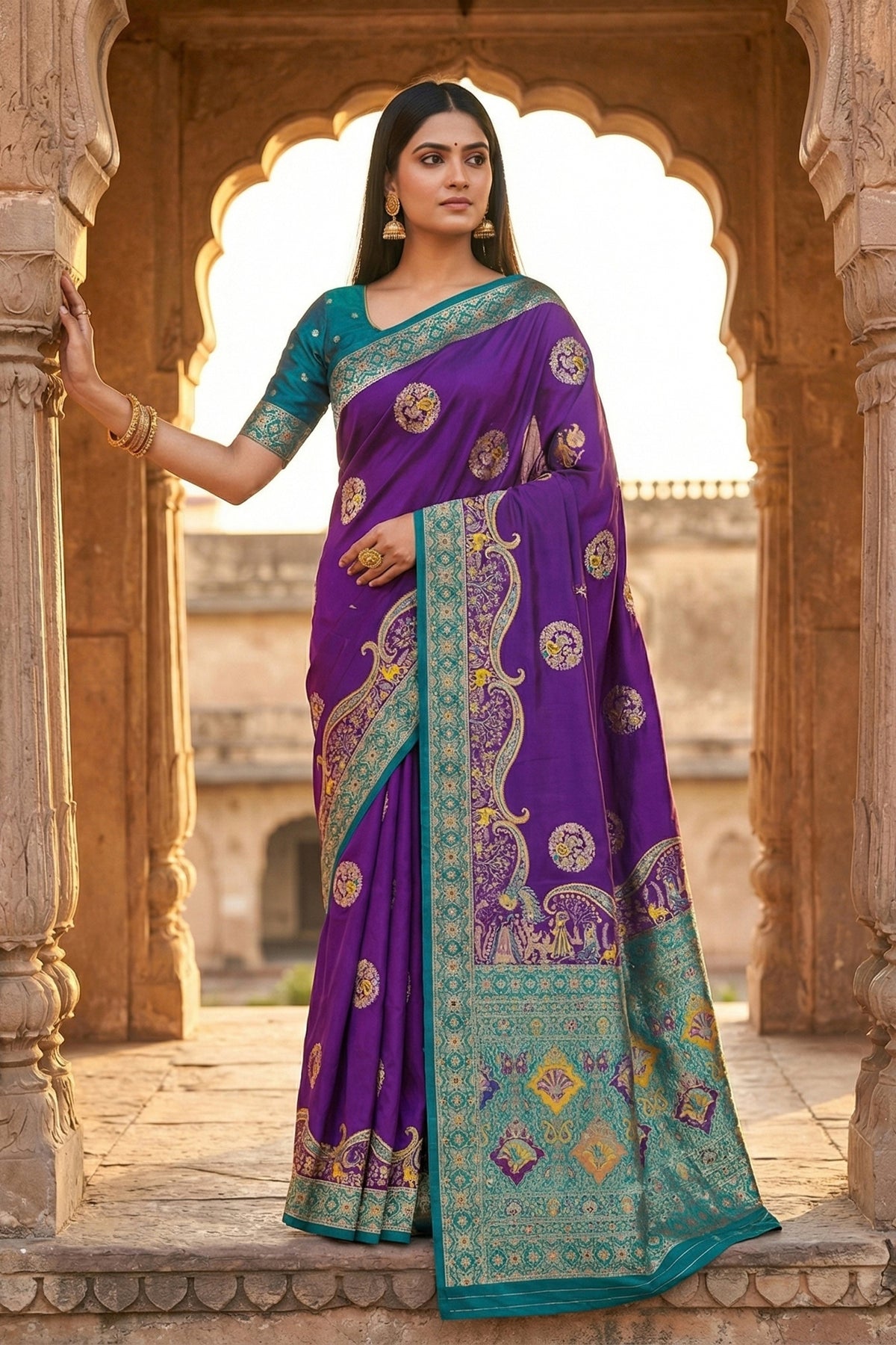 Stylish Purple Pashmina Paithani Silk Motifs Zari Work Saree for Women