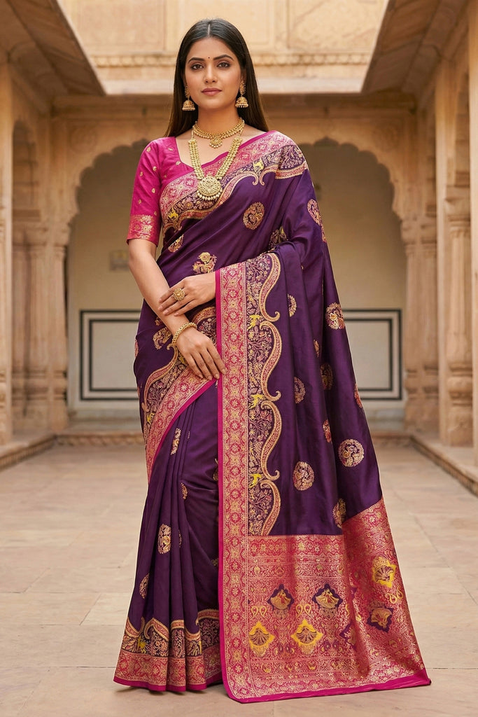 Premium Purple Pashmina Paithani Silk Motifs Zari Work Saree for Women