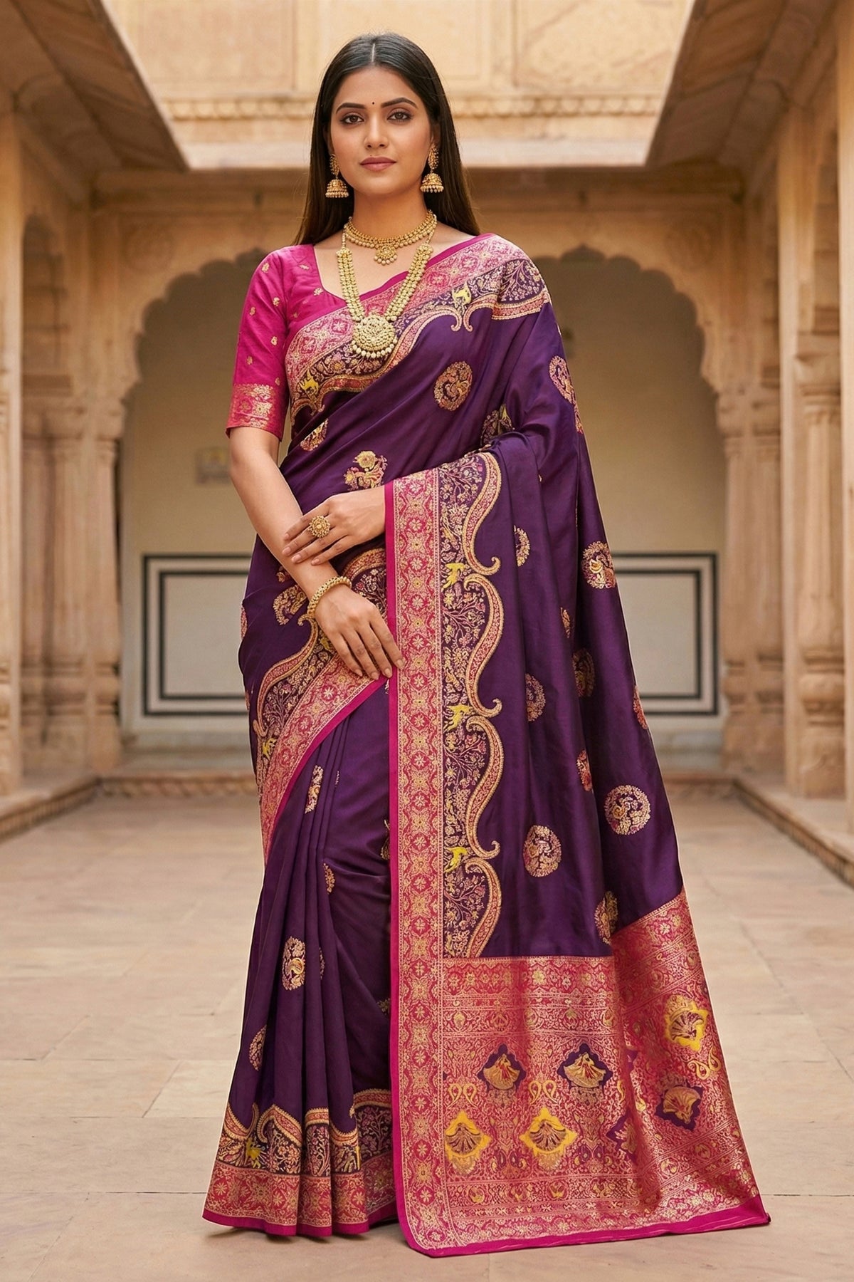 Premium Purple Pashmina Paithani Silk Motifs Zari Work Saree for Women