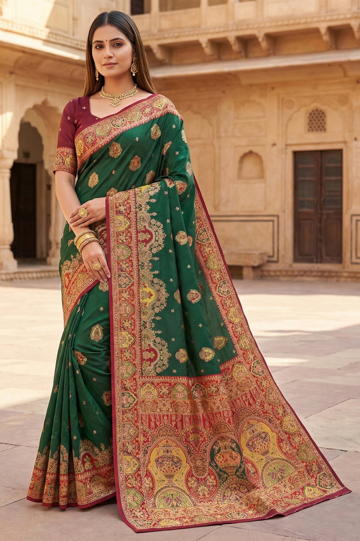 Grateful Dark Green Pashmina Paithani Silk Motifs Zari Work for Women