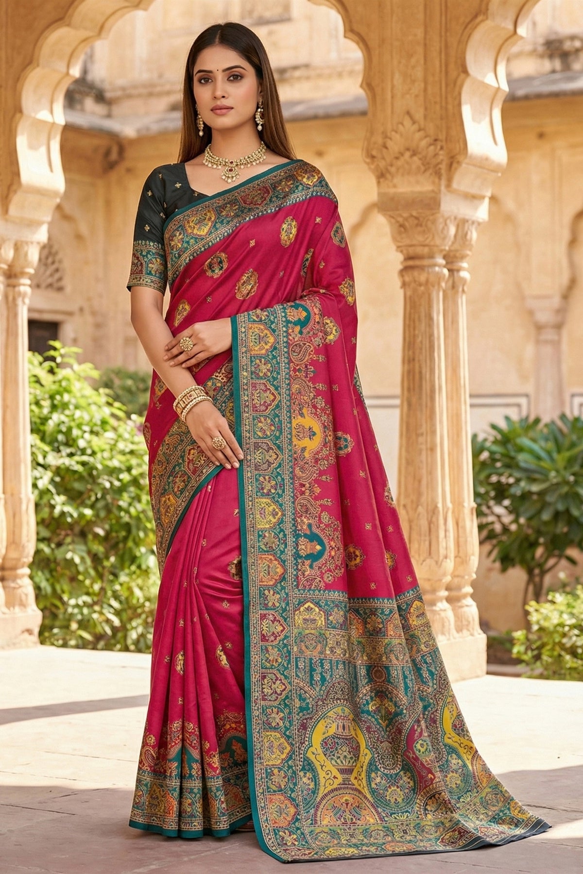 Lovely Rani Pink Pashmina Paithani Silk Motifs Zari Work Saree for Women