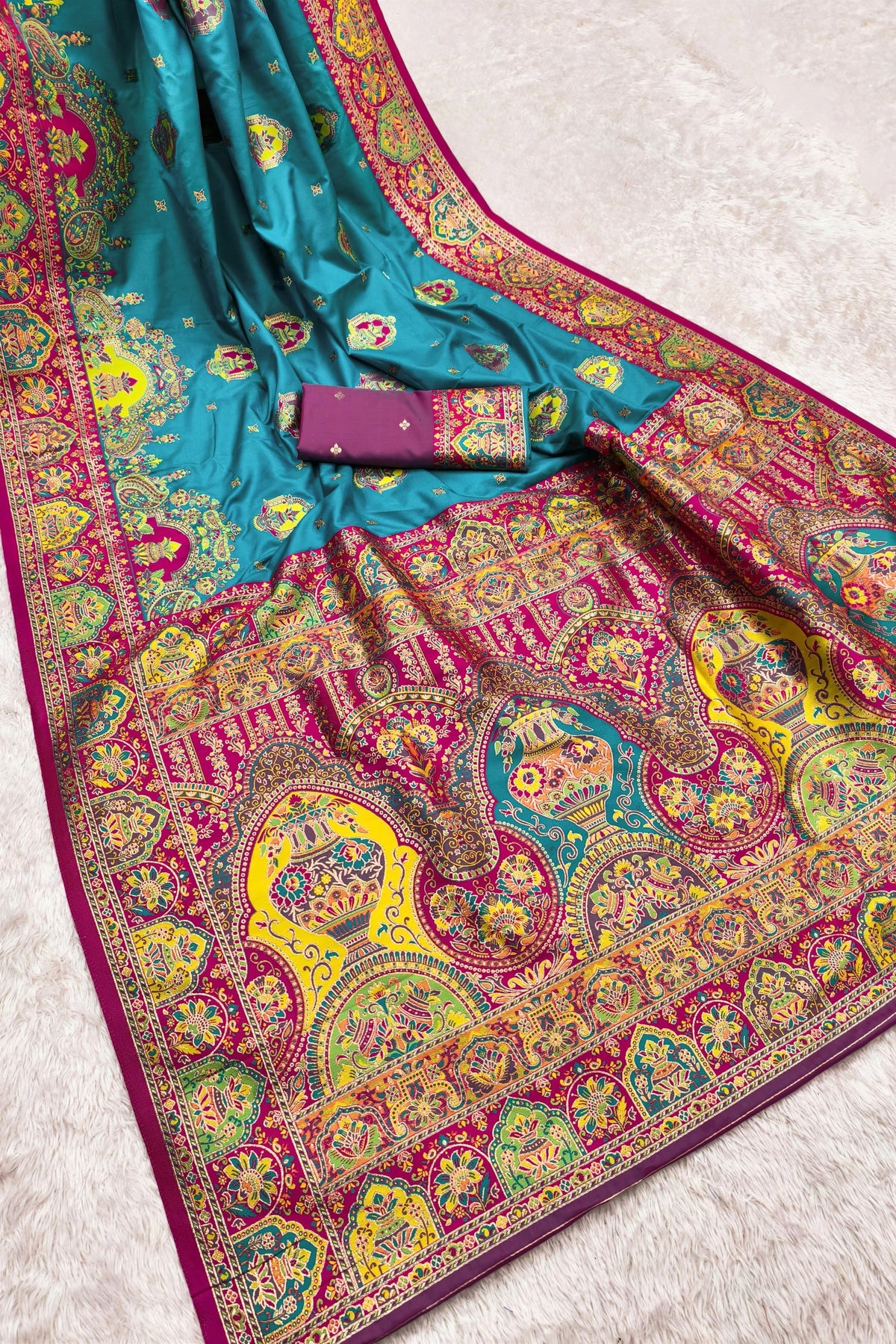 Stylish Teal Blue Pashmina Paithani Silk Motifs Zari Work Saree for Women