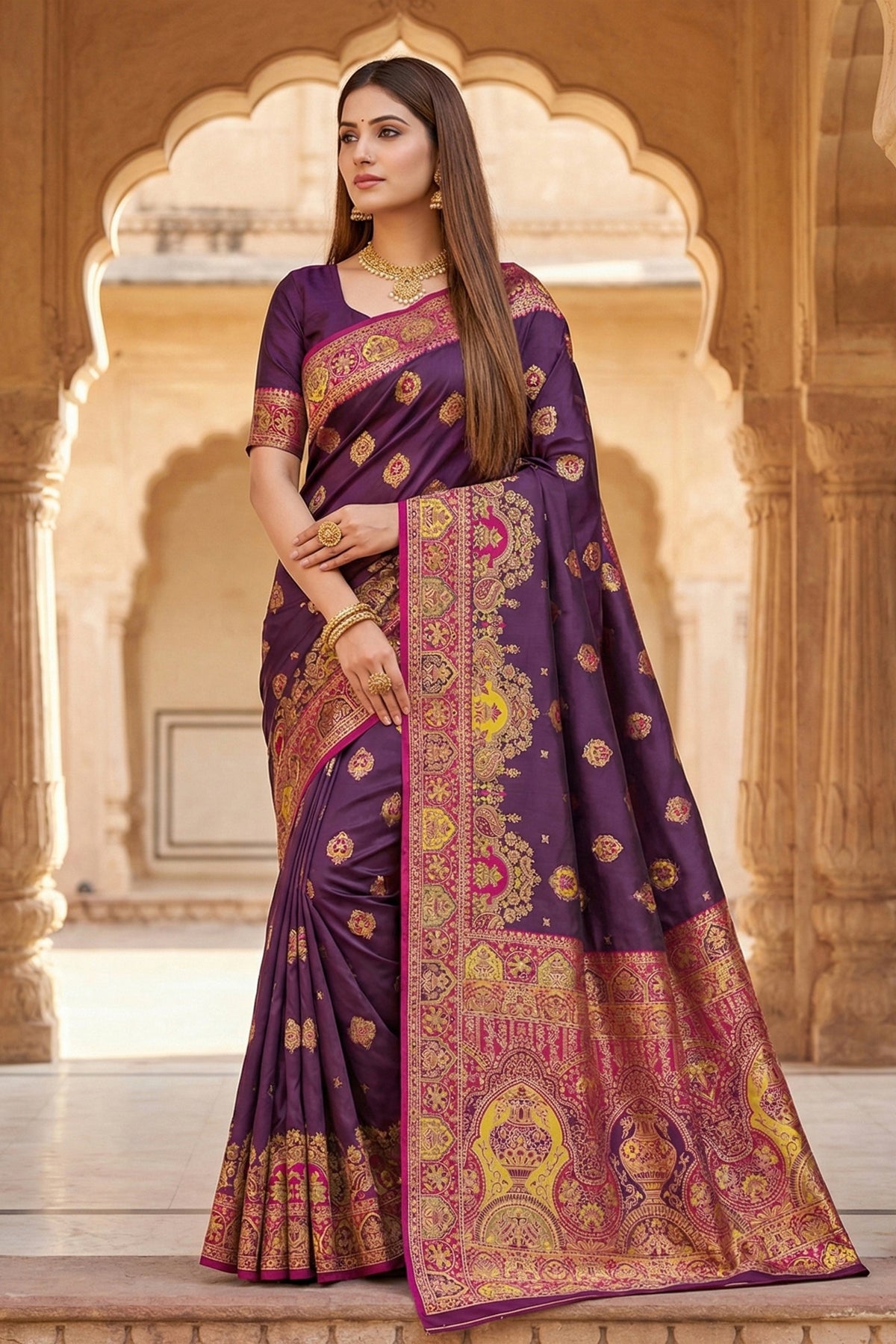 Premium Purple Pashmina Paithani Silk Motifs Zari Work Saree for Women