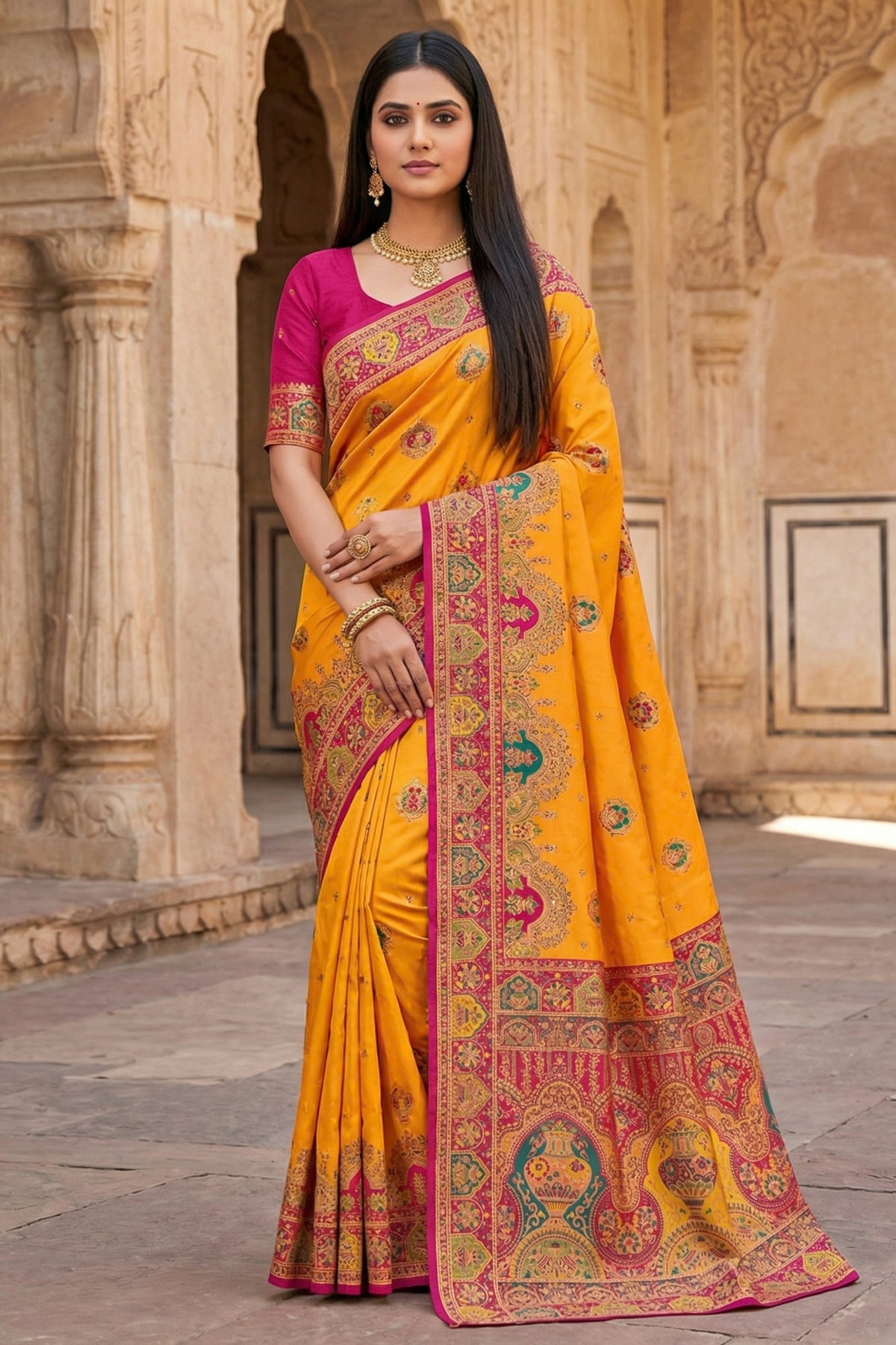 Royal Yellow Pashmina Paithani Silk Motifs Zari Work Saree for Women