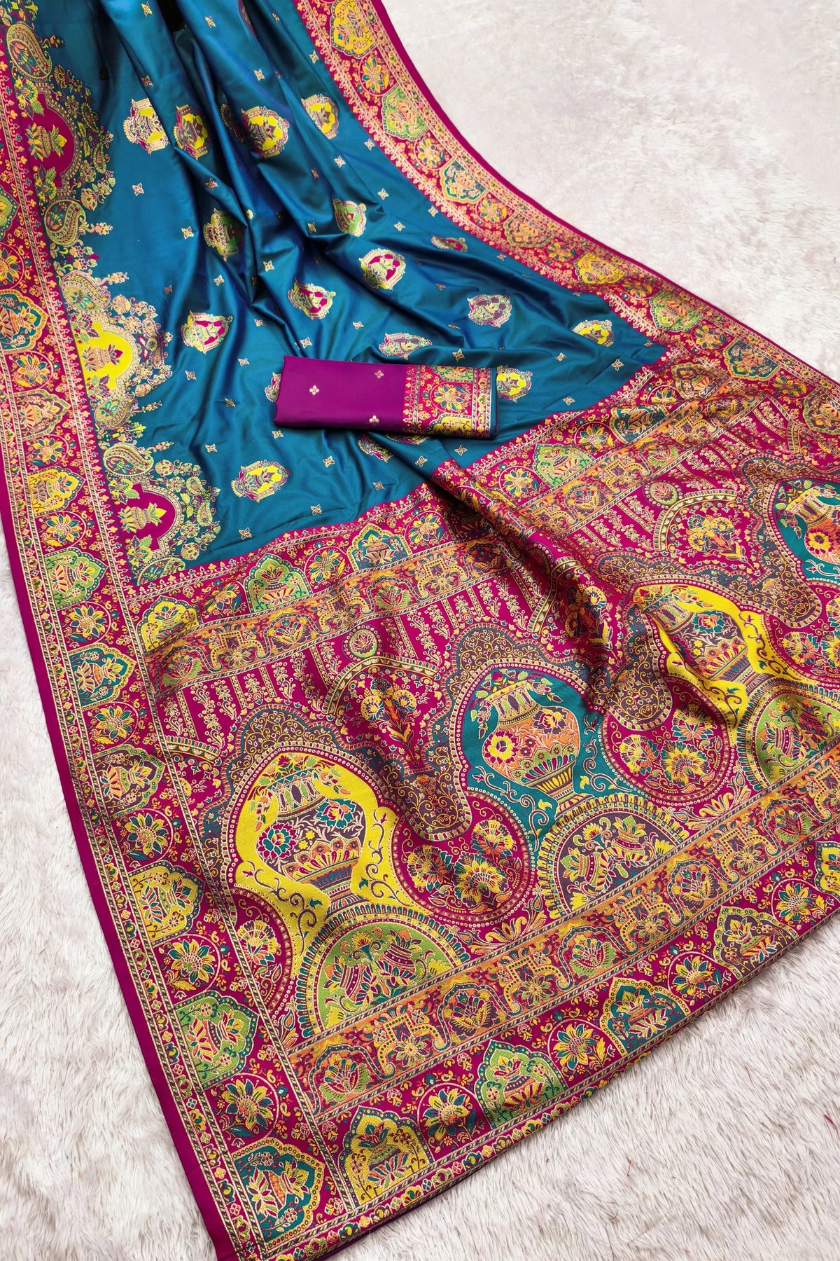 Stunning Blue Pashmina Paithani Silk Motifs Zari Work Saree for Women
