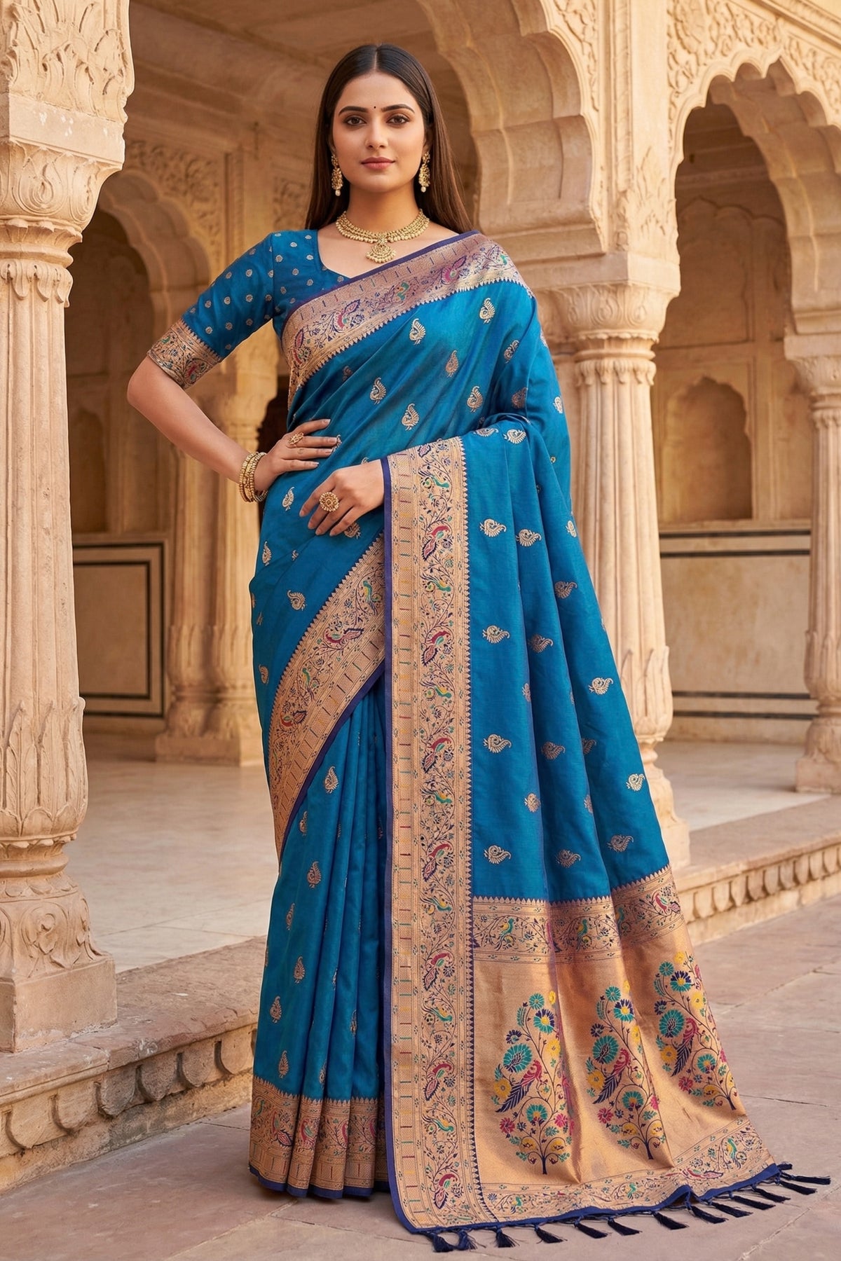 Premium Blue Paithani Silk Rich Zari Weaving Saree for Women