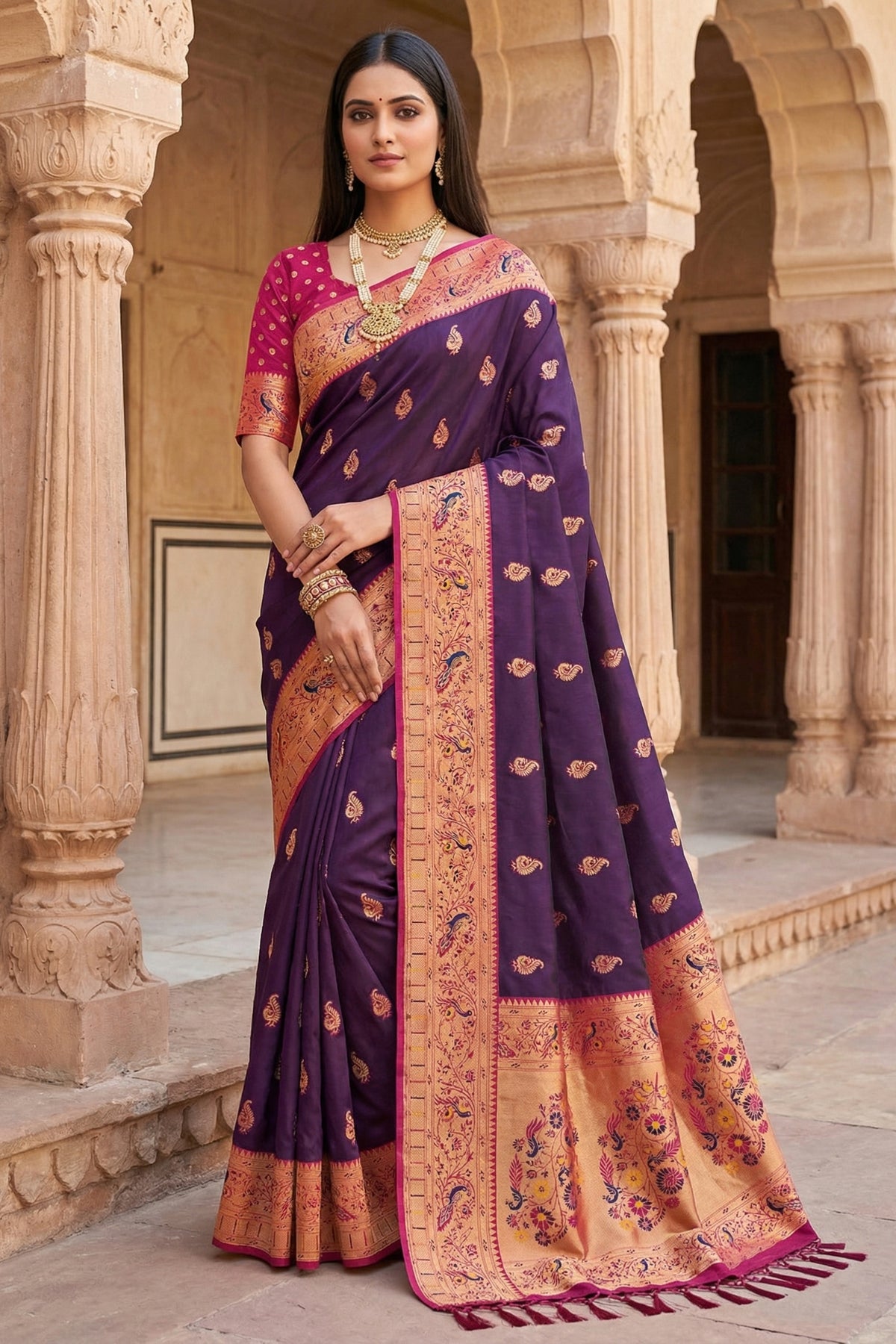 Gorgeous Purple Paithani Silk Rich Zari Weaving Saree for Women