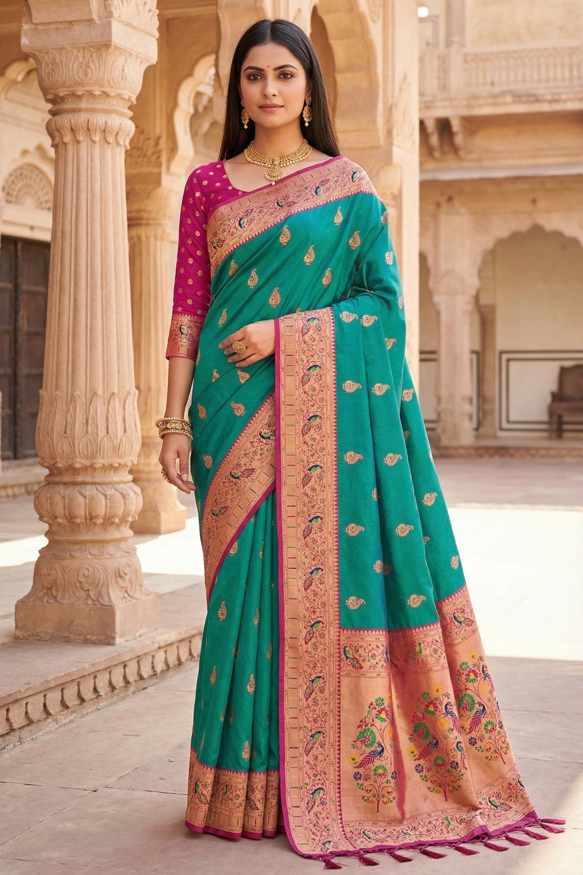 Graceful Teal Green Paithani Silk Rich Zari Weaving Saree for Women