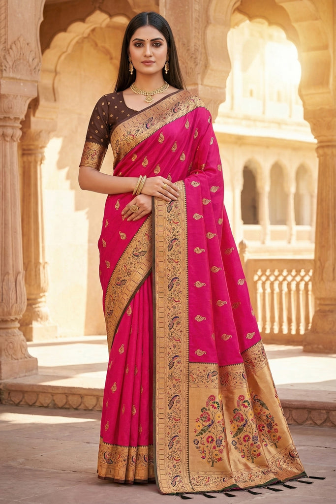 Elegant Rani Pink Paithani Silk Rich Zari Weaving Saree for Women