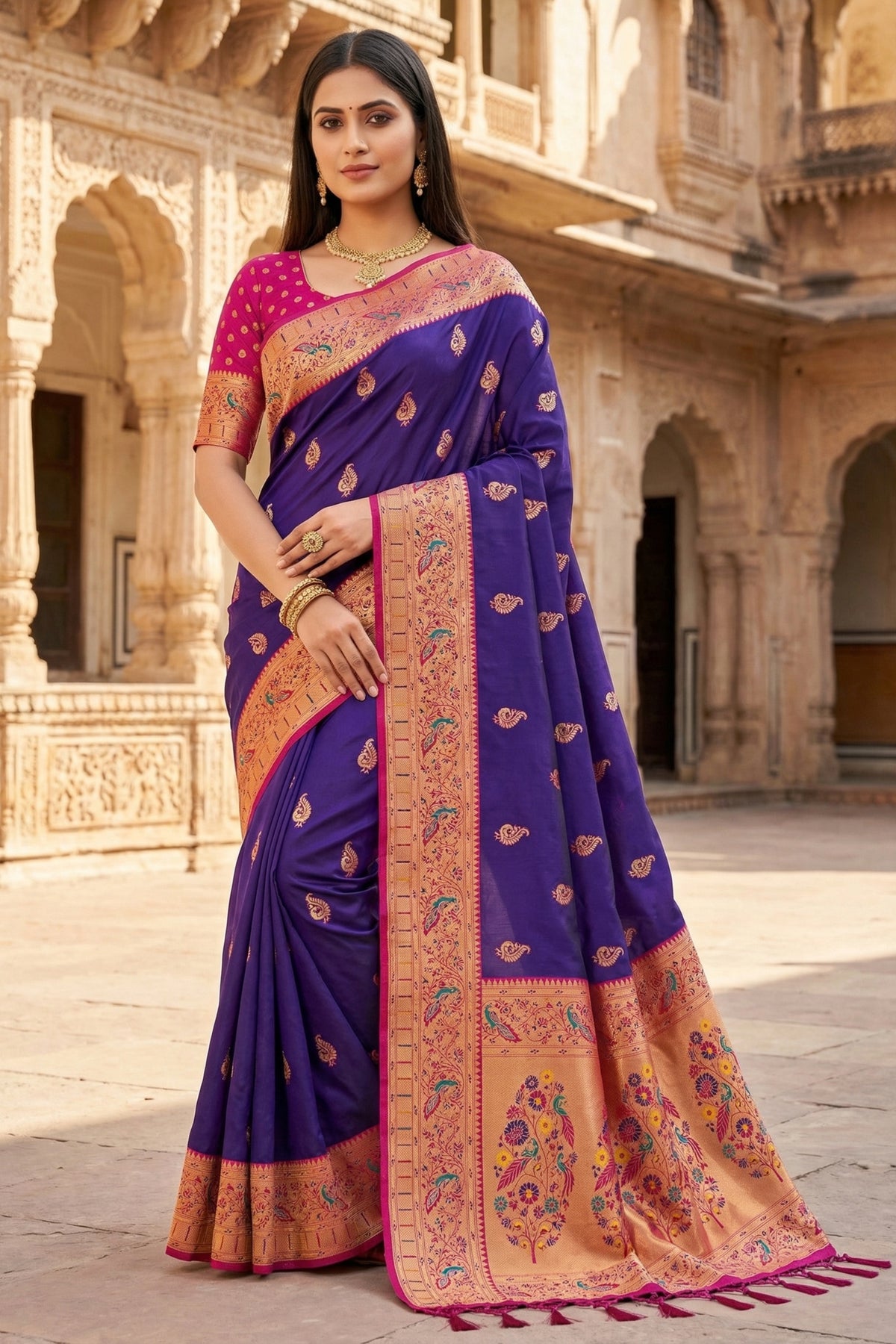 Amazing Dark Purple Paithani Silk Rich Zari Weaving Saree for Women