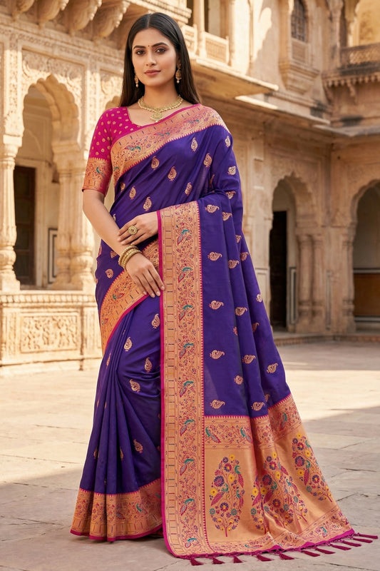 Amazing Dark Purple Paithani Silk Rich Zari Weaving Saree for Women