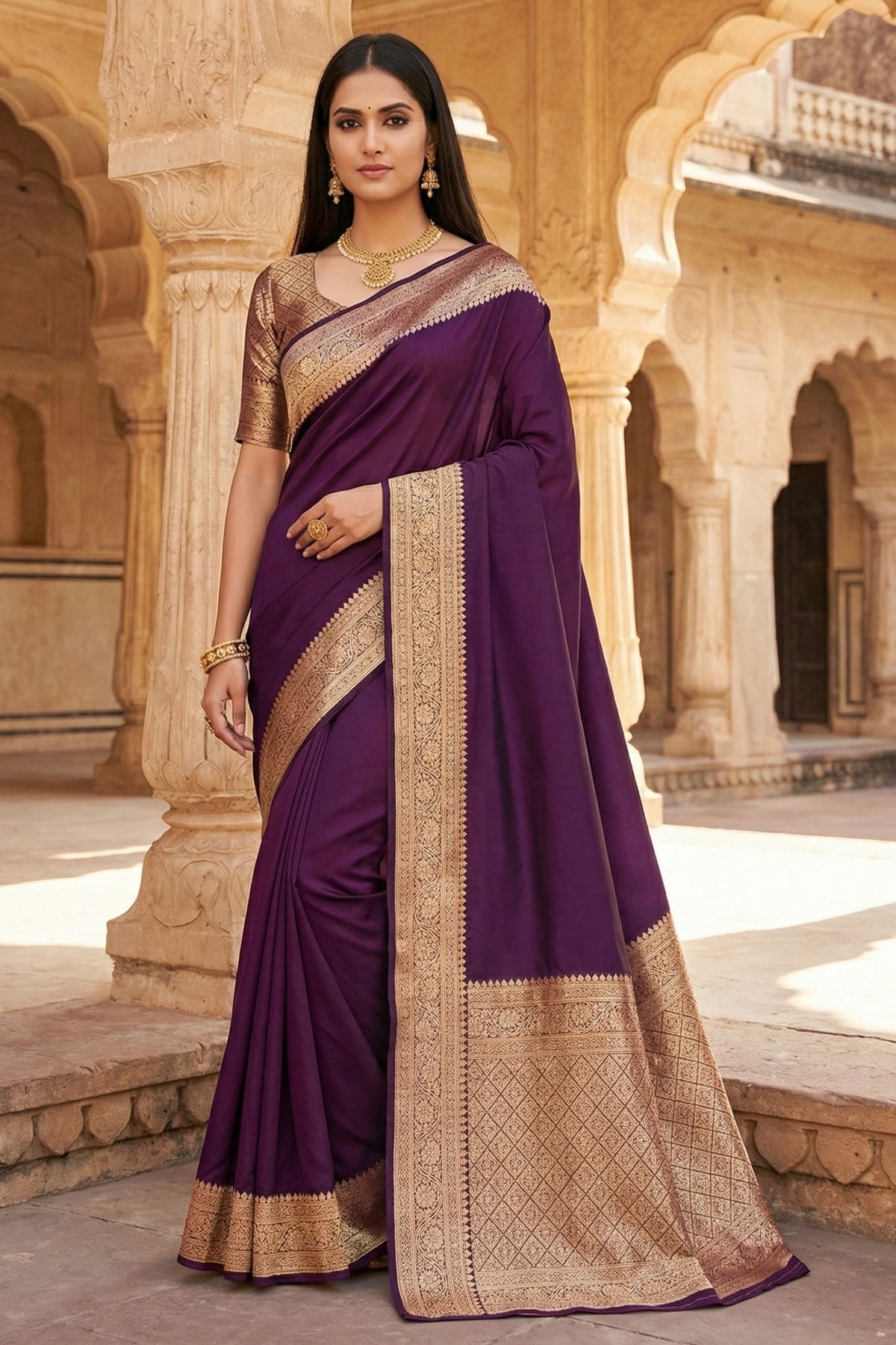 Elegant Purple Banarasi Gala Silk Zari Weaving Saree for Women