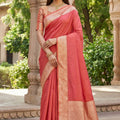Beautiful Peach Pink Banarasi Gala Silk Zari Weaving Saree for Women