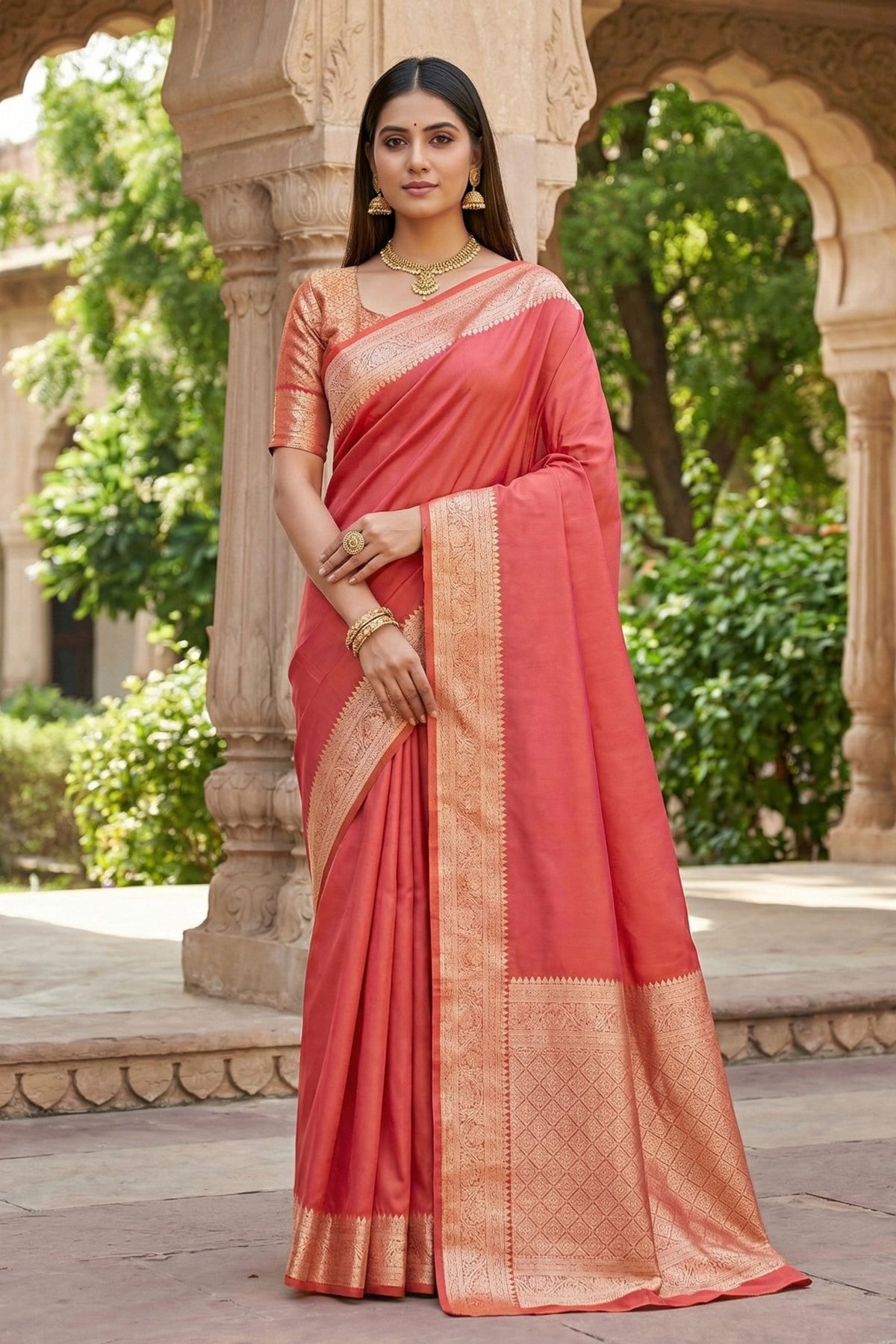 Beautiful Peach Pink Banarasi Gala Silk Zari Weaving Saree for Women