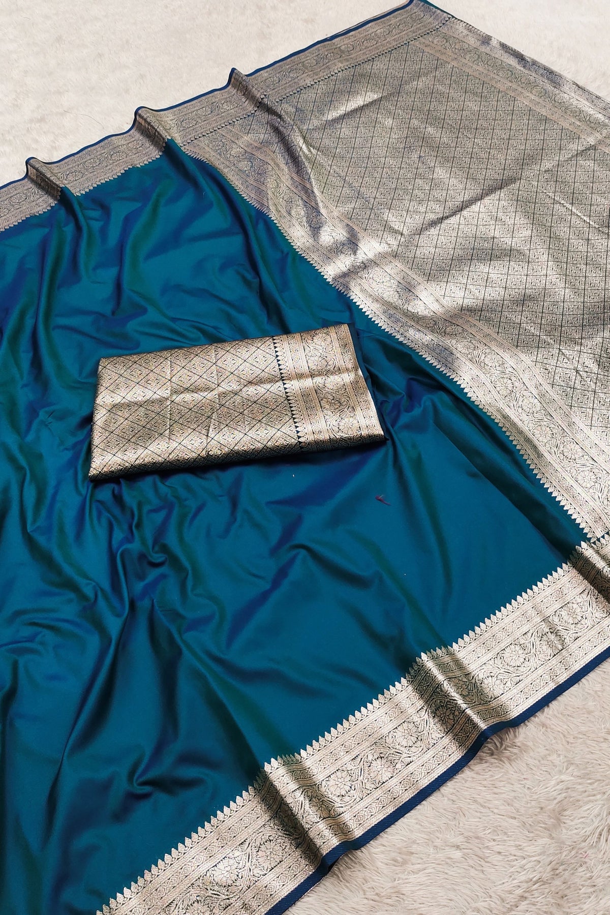 Royal Teal Blue Banarasi Gala Silk Zari Weaving Saree for Women