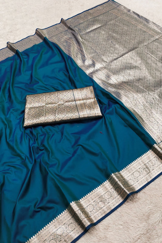 Royal Teal Blue Banarasi Gala Silk Zari Weaving Saree for Women