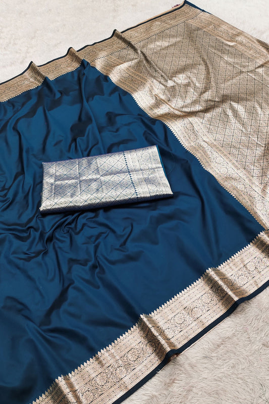 Premium Navy Blue Banarasi Gala Silk Zari Weaving Saree for Women