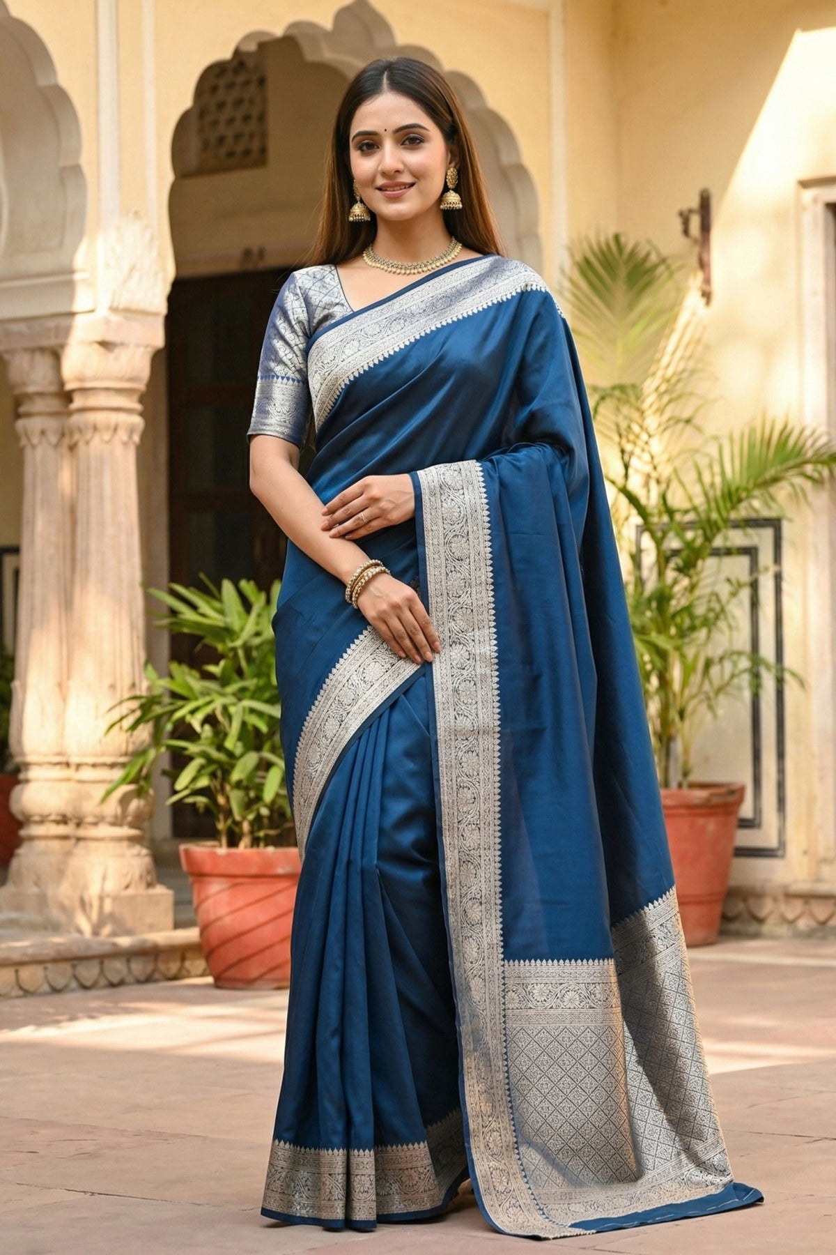 Premium Navy Blue Banarasi Gala Silk Zari Weaving Saree for Women