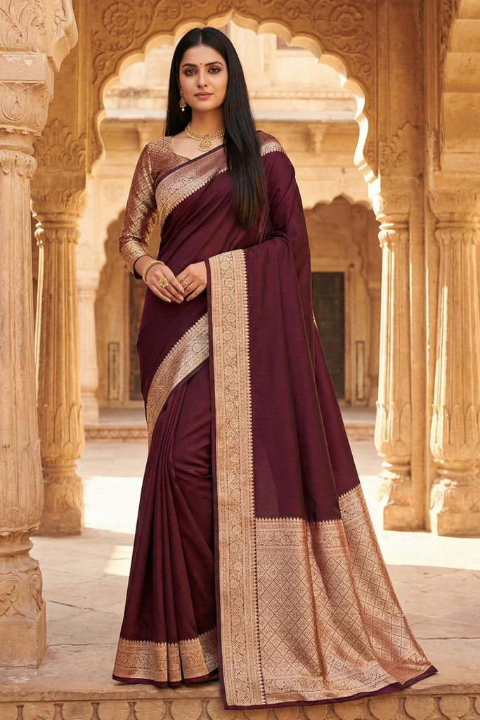 Beautiful Maroon Banarasi Gala Silk Zari Weaving Saree for Women